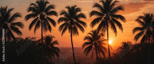 Sunset landscape with silhouetted palm trees against a colorful sky and horizon during twilight hours in a tropical setting