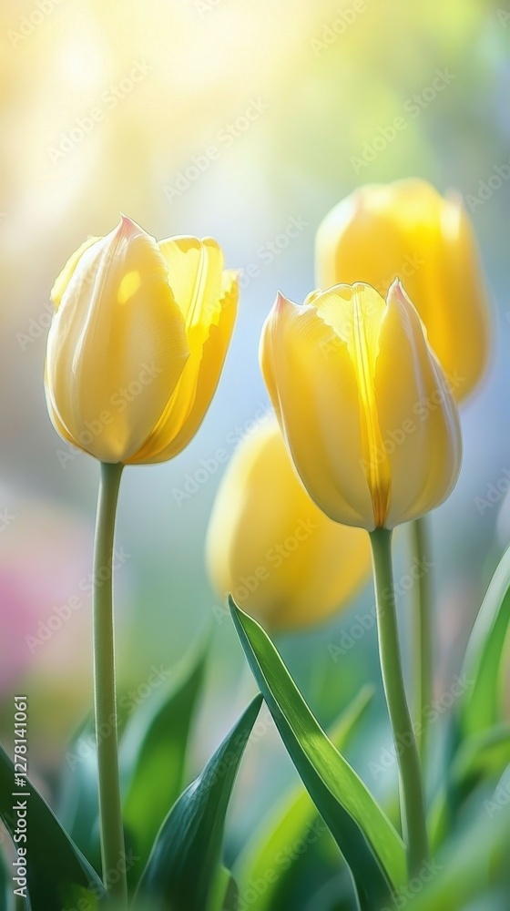 Obraz premium Several very beautiful yellow tulips, light gradient hazy background, bright and vivid tone, the whole picture is very dreamy and warm