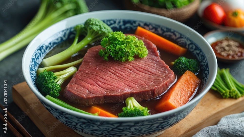 Beef brisket with vegetables in a decorative bowl on a wooden cutting board surrounded by fresh greens and spices Beef brisket with vegetables in a decorative bowl on a wooden cutting board surrounded by fresh greens and spices