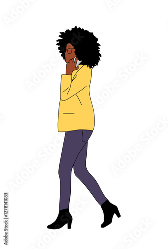 Black business woman walking side view. Pretty african american lady boss talking by mobile phone. Cartoon female character vector colored outline drawing isolated 