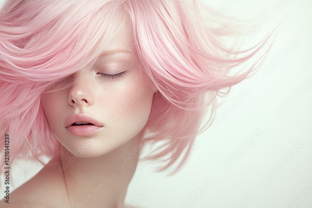 Fashionable portrait of woman with pastel pink hair and soft expression Fashionable portrait of woman with pastel pink hair and soft expression