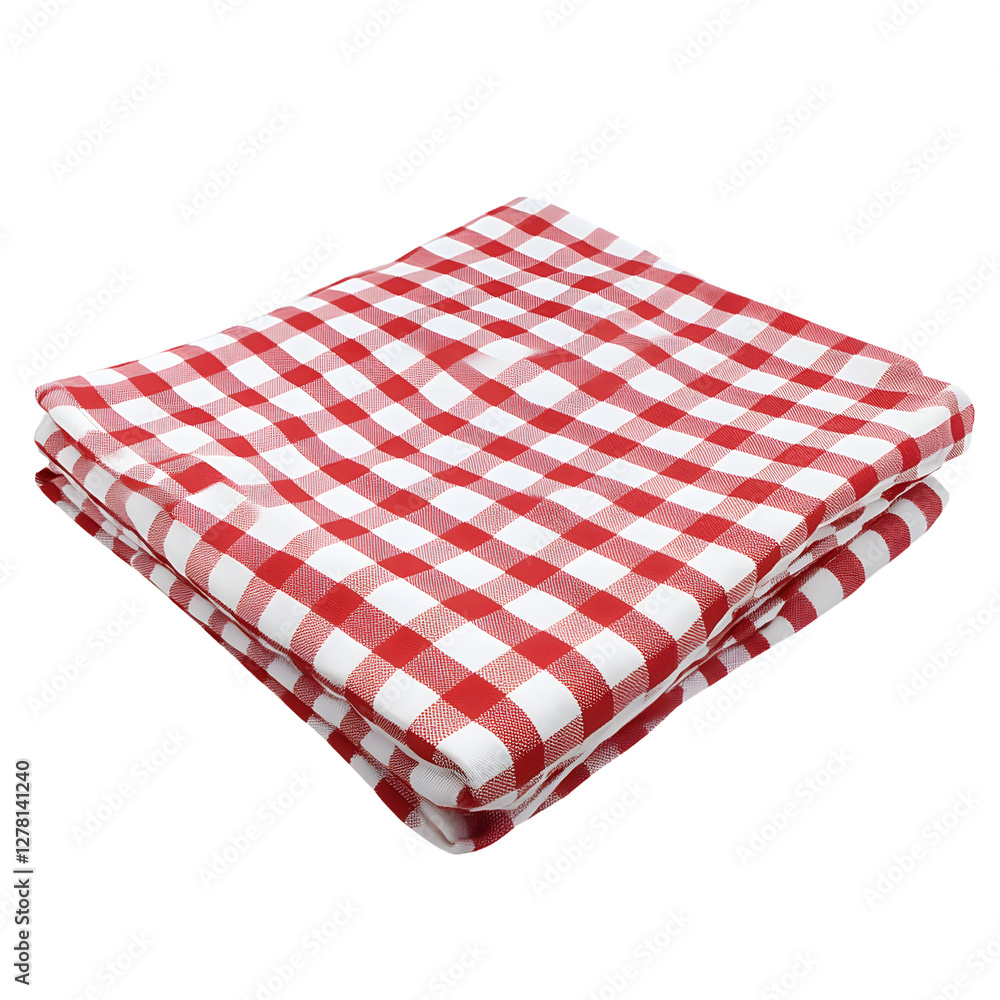 Red and white checkered tablecloth folded isolated on a transparent background