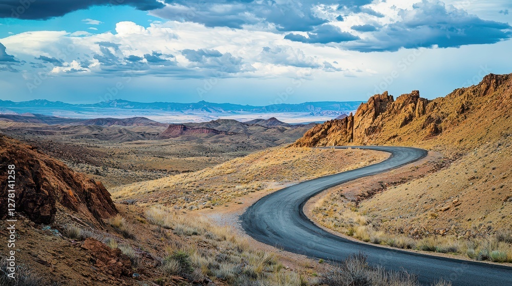 Scenic Winding Road Through Desert Landscape Under Dramatic Skies Scenic Winding Road Through Desert Landscape Under Dramatic Skies
