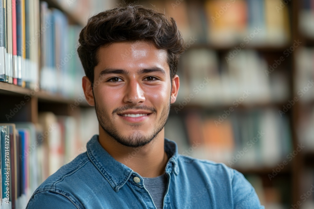 Young man smiles confidently while leaning against a bookshelf in a library during daytime Young man smiles confidently while leaning against a bookshelf in a library during daytime