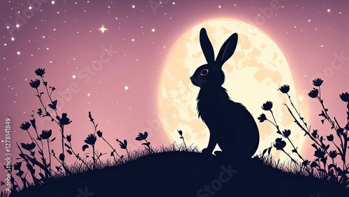 A rabbit sits on a hill under the glowing full moon, surrounded by wildflowers, creating a dreamy and magical night scene with a purple sky and twinkling stars.