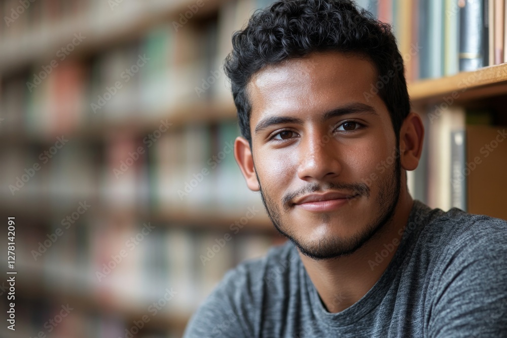 Young man smiles confidently while studying in a library filled with books during daylight Young man smiles confidently while studying in a library filled with books during daylight