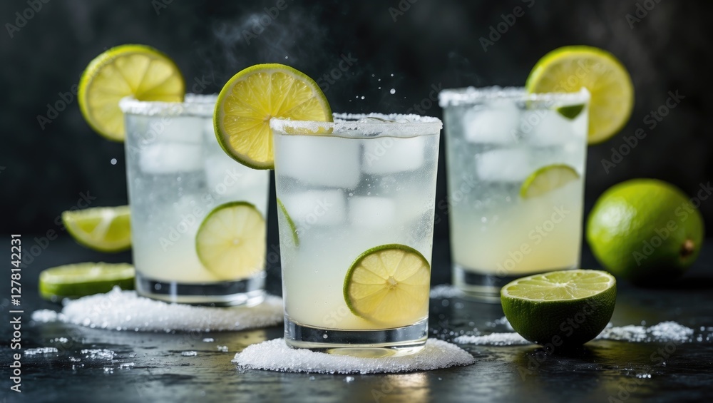 Three refreshing cocktails with lime garnishes and ice cubes on a dark background with salt and whole limes placed nearby Three refreshing cocktails with lime garnishes and ice cubes on a dark background with salt and whole limes placed nearby