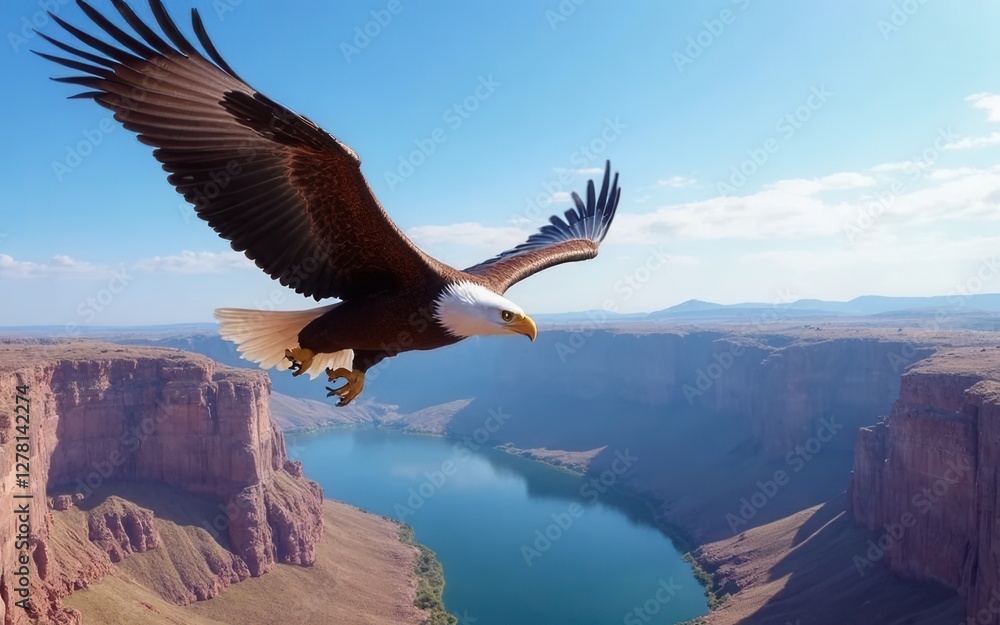 Fototapeta premium Majestic Bald Eagle Soaring Over Scenic River Canyon Landscape