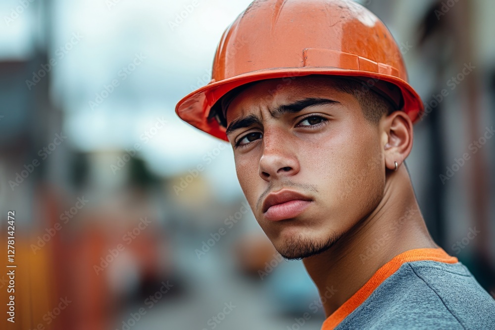 Young construction worker wearing an orange helmet focuses intently at a building site during a cloudy day in an urban area Young construction worker wearing an orange helmet focuses intently at a building site during a cloudy day in an urban area