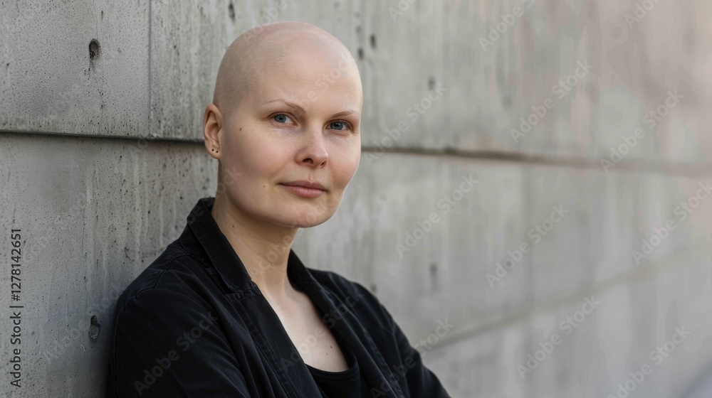 Bald Female Activist Stands Confidently Against a Textured Concrete Wall in an Urban Setting, Embodying Strength and Resilience in Her Cause Bald Female Activist Stands Confidently Against a Textured Concrete Wall in an Urban Setting, Embodying Strength and Resilience in Her Cause