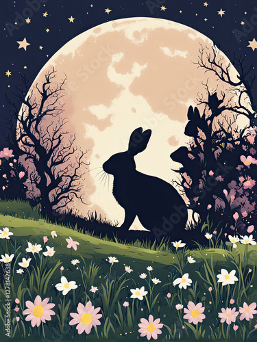 A rabbit sits on a hill under the glowing full moon, surrounded by wildflowers, creating a dreamy and magical night scene with a purple sky and twinkling stars.