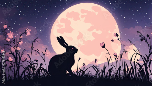 A rabbit sits on a hill under the glowing full moon, surrounded by wildflowers, creating a dreamy and magical night scene with a purple sky and twinkling stars.