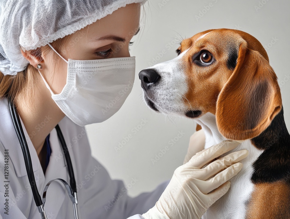 A veterinarian examining a dog, specifically a beagle, in a clinical setting. The veterinarian is wearing a surgical mask, gloves, and a surgical cap. A veterinarian examining a dog, specifically a beagle, in a clinical setting. The veterinarian is wearing a surgical mask, gloves, and a surgical cap.