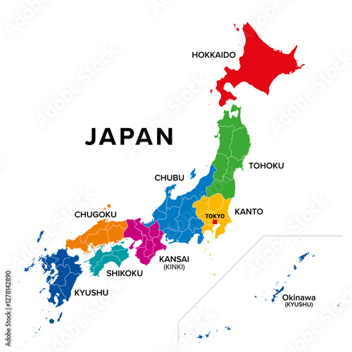 Regions of Japan, island country in East Asia, colored political map. Traditional units used for statistics. Hokkaido, Tohoku, Kanto, Chubu, Kansai or Kinki, Chugoku, Shikoku, and Kyushu with Okinawa.