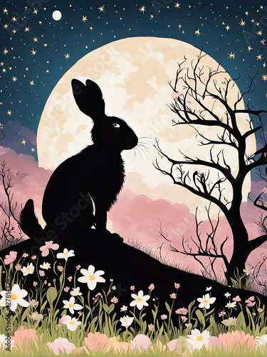 A rabbit sits on a hill under the glowing full moon, surrounded by wildflowers, creating a dreamy and magical night scene with a purple sky and twinkling stars.