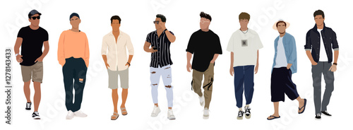 Set of different stylish men wearing modern street fashion summer clothes. Flat vector illustrations isolated on transparent background