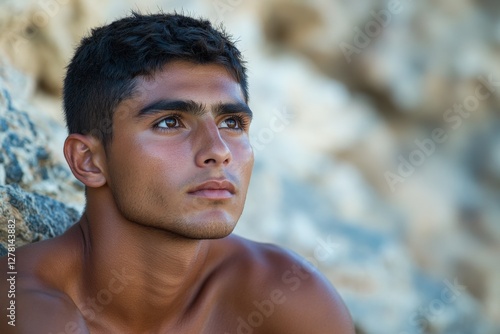 Young man gazing thoughtfully while sitting near rocky coastline on a sunny day facing a tranquil ocean