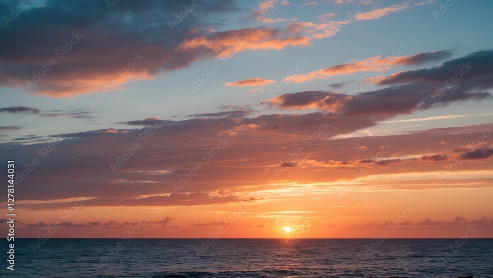 Obraz premium Sunset over calm ocean with colorful clouds reflecting light in a clear sky at dusk. Horizontal composition with natural scenery.