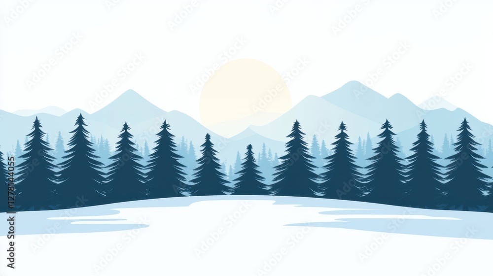 Fototapeta premium Winter sunrise snowy pine with mountains silhouette