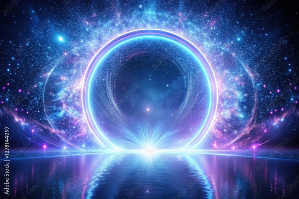 Fototapeta premium Celestial Portal A Glowing Ring of Light Reflecting on Tranquil Waters Amidst a Starry Galaxy