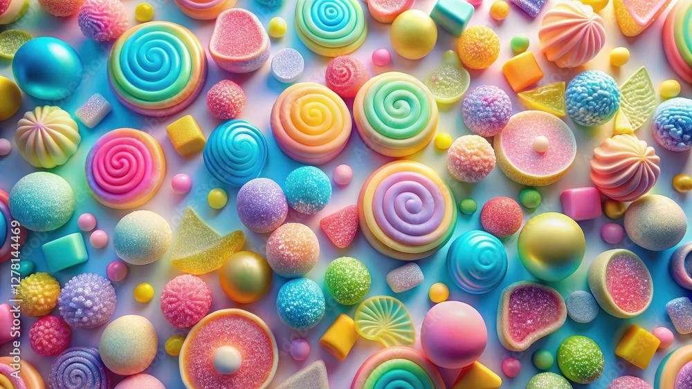 Fototapeta premium A vibrant assortment of colorful candies and sweets, including lollipops, gumdrops, and marshmallows, arranged in a delightful and appealing pattern.