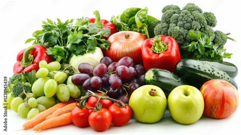 Fresh Fruits and Vegetables in a Paper Bag Showcasing Vibrant Colors and Diverse Textures on a White Background Fresh Fruits and Vegetables in a Paper Bag Showcasing Vibrant Colors and Diverse Textures on a White Background