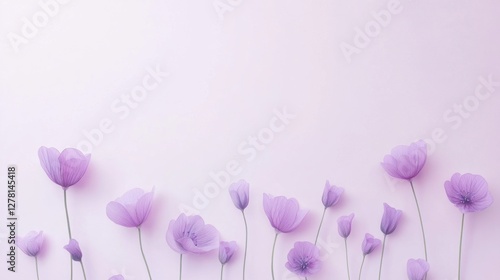 A delicate arrangement of soft purple flowers against a subtle, light pink background, creating a serene and calming atmosphere.