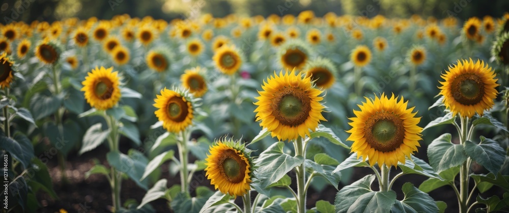 Sunflower field with vibrant yellow blooms in a natural outdoor setting under soft daylight. Green leaves visible among the sunflowers. Sunflower field with vibrant yellow blooms in a natural outdoor setting under soft daylight. Green leaves visible among the sunflowers.