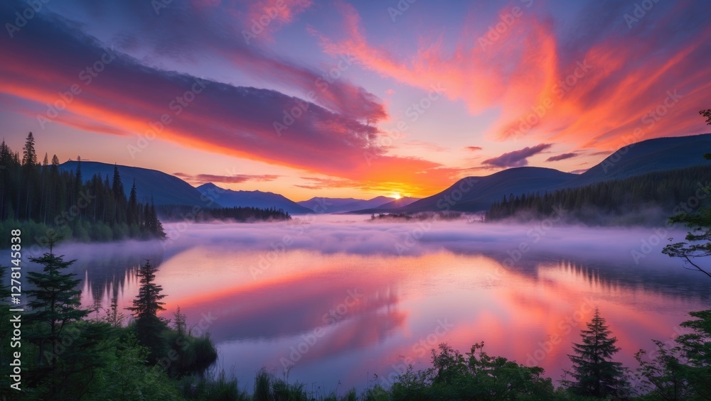 Fototapeta premium Sunset over tranquil lake surrounded by mountains and misty forest reflecting colorful sky with dramatic clouds in a serene landscape