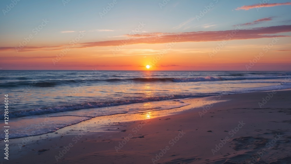 Fototapeta premium Sunset over calm ocean waves with sandy beach reflecting colors in the sky at twilight, tranquil coastal scenery, nature background.