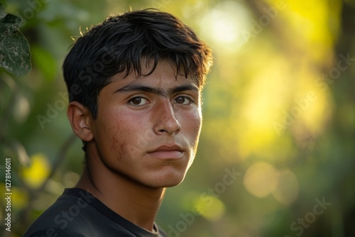 Young boy with an intense expression stands amidst greenery during golden hour