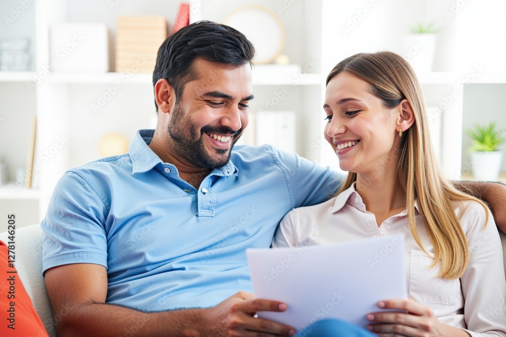 Happy Multicultural Couple in Their 30s Enjoying Quality Time Together at Home While Reviewing Documents in a Bright, Welcoming Living Room Environment Happy Multicultural Couple in Their 30s Enjoying Quality Time Together at Home While Reviewing Documents in a Bright, Welcoming Living Room Environment
