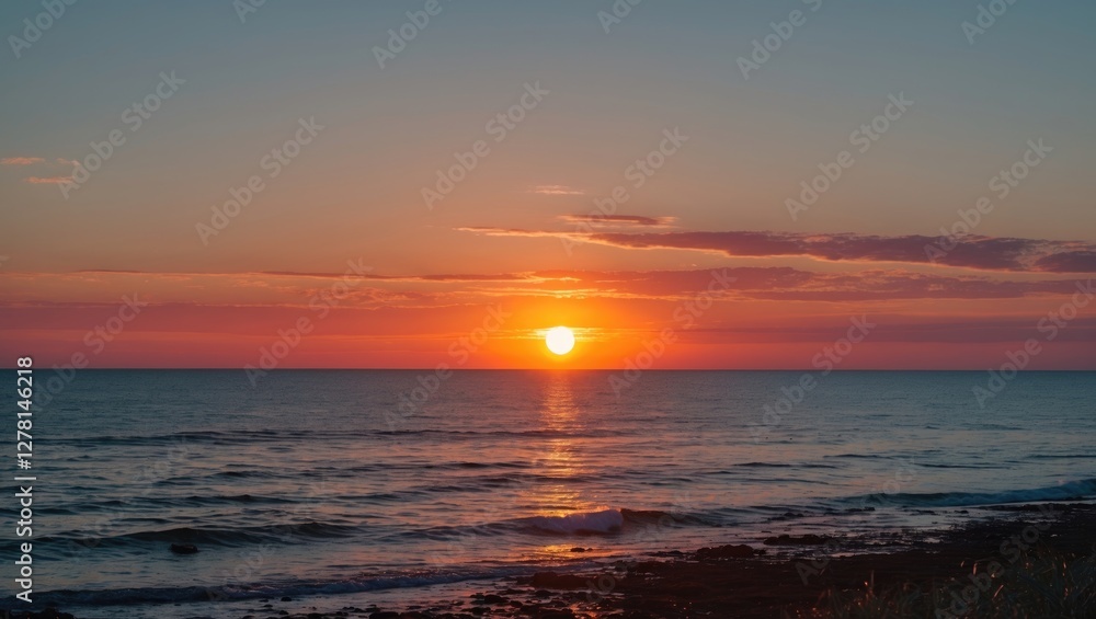 Fototapeta premium Sunset over calm ocean waters with vibrant colors reflecting on the surface and gentle waves lapping at the shore