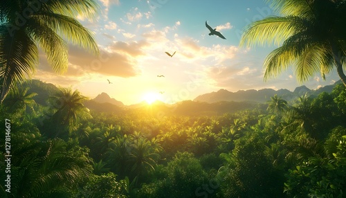 Tropical sunset paradise birds fly over lush jungle