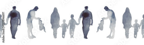 Watercolor border with silhouettes of people. Brush strokes in the form of blue silhouettes of people,Silhouette of family on white background.	