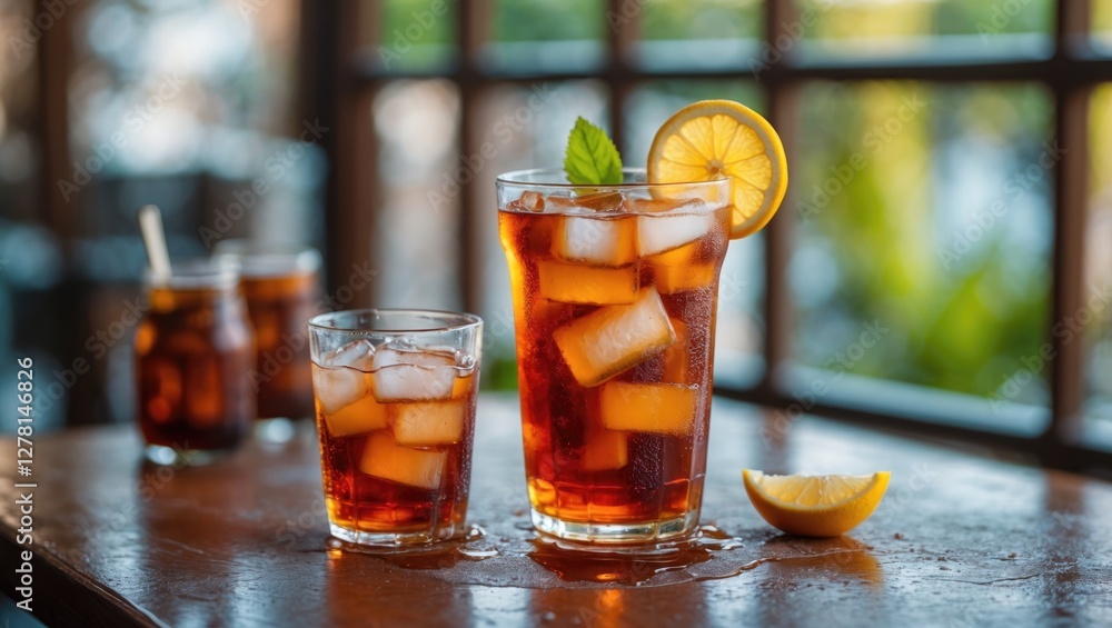 Iced tea drinks served in glasses with ice cubes and lemon slices on a wooden table in a bright indoor setting. Iced tea drinks served in glasses with ice cubes and lemon slices on a wooden table in a bright indoor setting.