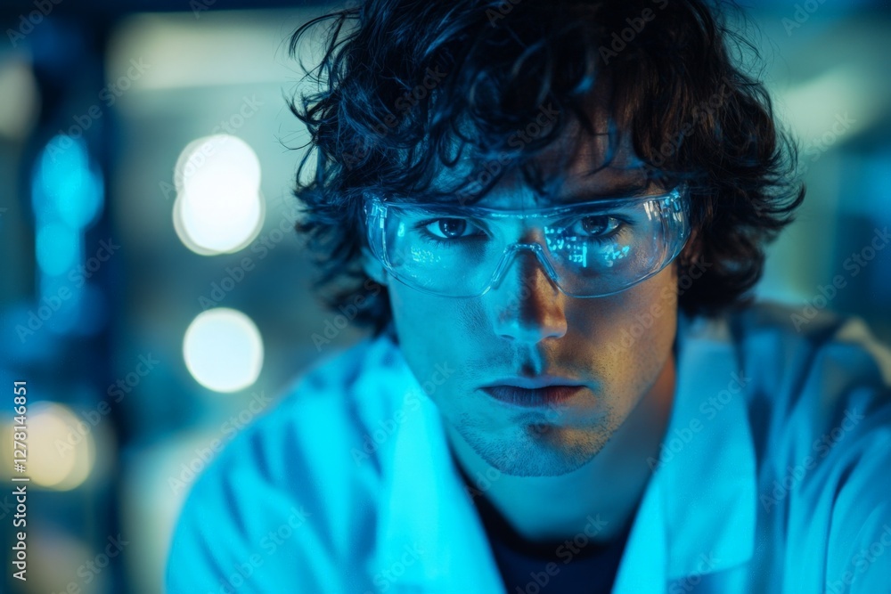 Young scientist focused on research in a lab with blue lighting during a late evening experiment Young scientist focused on research in a lab with blue lighting during a late evening experiment