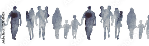 Watercolor border with silhouettes of people. Brush strokes in the form of blue silhouettes of people,Silhouette of family on white background.	