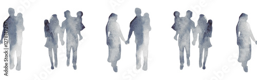 Watercolor border with silhouettes of people. Brush strokes in the form of blue silhouettes of people,Silhouette of family on white background.	