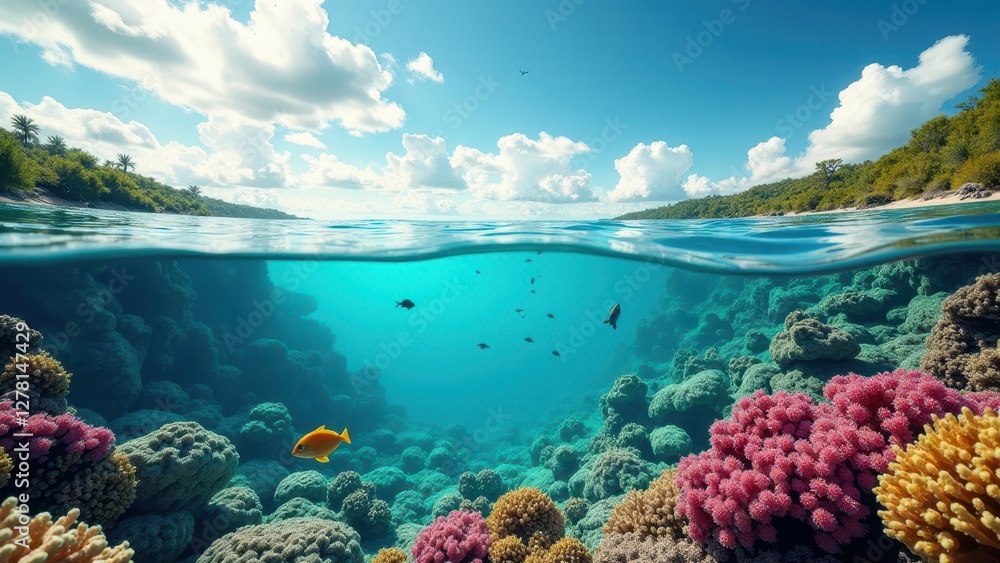 Obraz premium Split view of vibrant coral reef with colorful fish underwater and clear sky with clouds above 