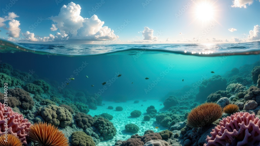 Obraz premium Split view of vibrant coral reef with colorful fish underwater and clear sky with clouds above 