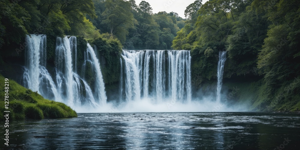 Waterfall surrounded by lush greenery with mist rising from the base in a tranquil natural setting during daytime. Waterfall surrounded by lush greenery with mist rising from the base in a tranquil natural setting during daytime.