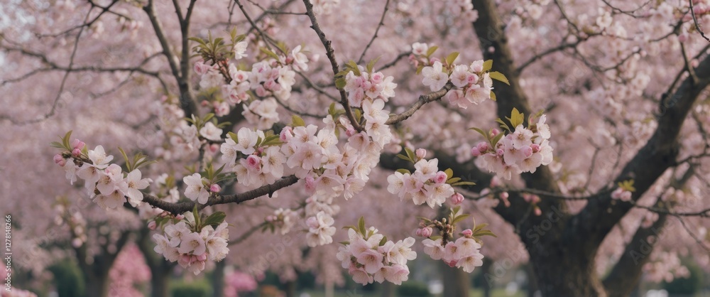 Cherry blossom trees in full bloom with pink flowers and branches against a soft background of more blooming trees. Cherry blossom trees in full bloom with pink flowers and branches against a soft background of more blooming trees.