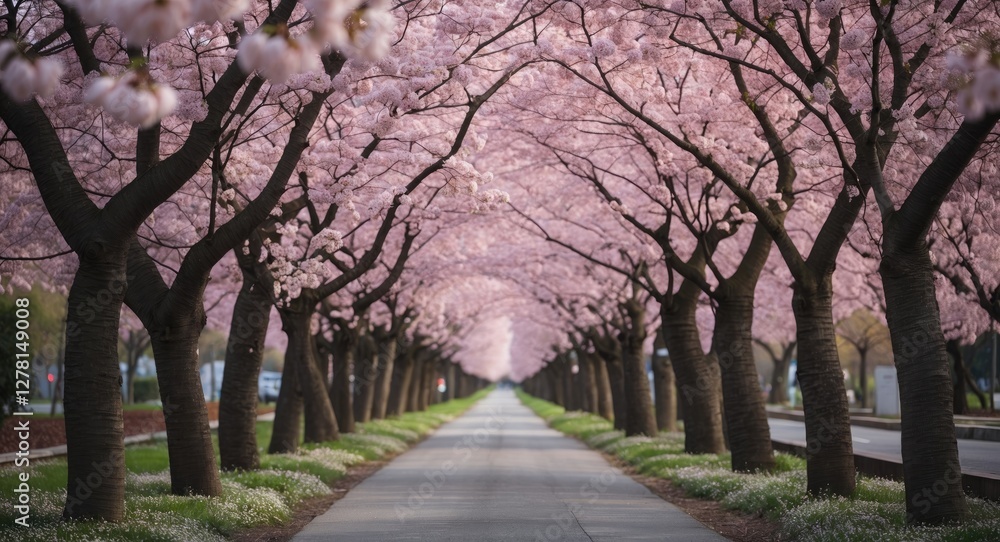 Obraz premium Cherry blossom trees lining a symmetrical pathway in full bloom during spring season with vibrant pink flowers and green grass.