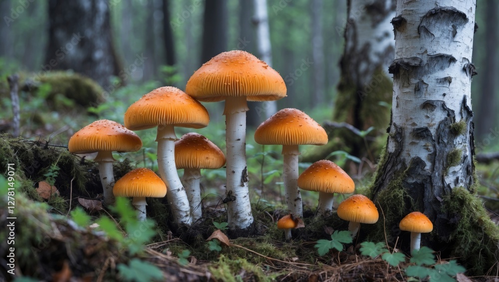 Orange mushrooms in a forest setting with birch trees and lush green undergrowth in the background. Orange mushrooms in a forest setting with birch trees and lush green undergrowth in the background.