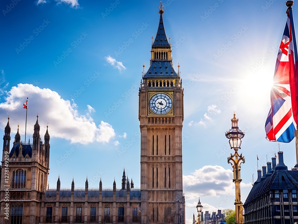 Obraz premium Iconic View of Big Ben and the Union Jack Flag