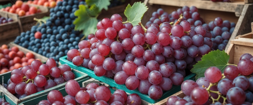 Cluster of red grapes among various fruits in wooden crates at a market showcasing fresh produce and vibrant colors. Cluster of red grapes among various fruits in wooden crates at a market showcasing fresh produce and vibrant colors.