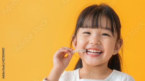Smiling Young Girl Showcasing Invisible Aligner Orthodontics Against a Bright Yellow Background