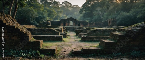 Ancient ruins surrounded by dense forest in soft morning light showcasing weathered stone structures and overgrown vegetation