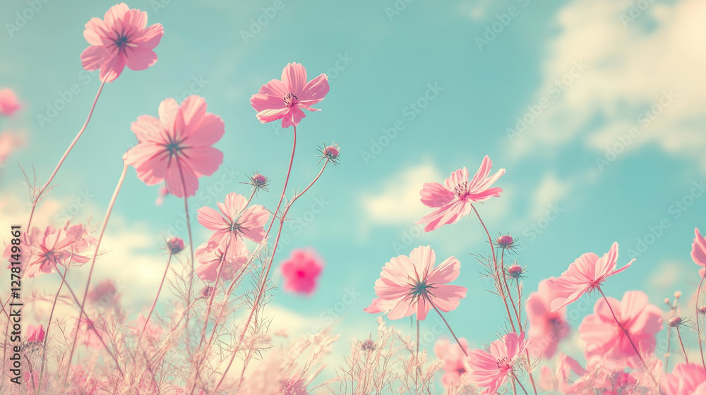 Naklejka premium Pink cosmos flowers blooming in a meadow under a bright blue sky with fluffy clouds, capturing the essence of spring and summer nature, perfect for floral backgrounds and seasonal designs